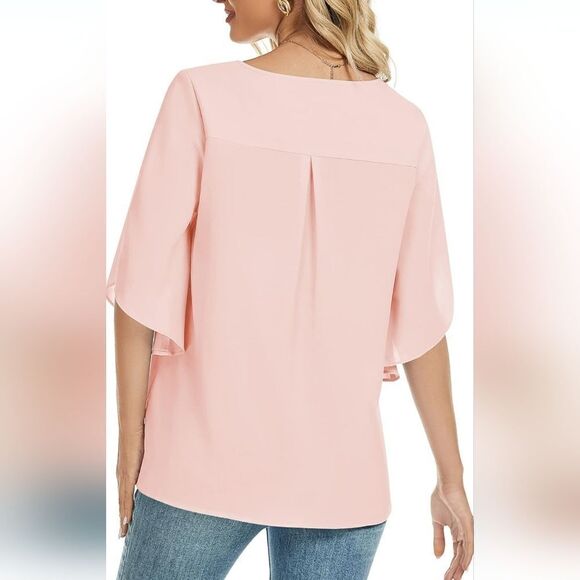 NWT Women's Casual 3/4 Sleeve Tops Summer Loose V Neck Dressy Chiffon Blouse - Picture 7 of 7